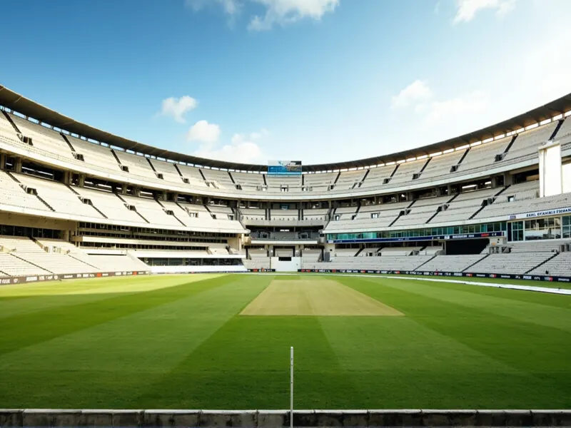 Cricket ground with green outfield, white boundary rope and stands in afternoon light