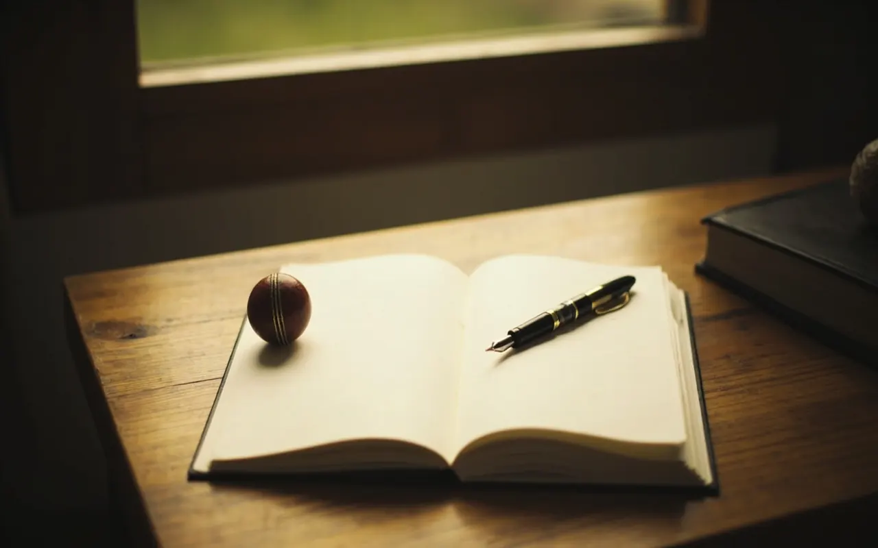 Quiet editorial desk — a clean notebook beside a fountain pen with a single cricket ball nearby, soft window light