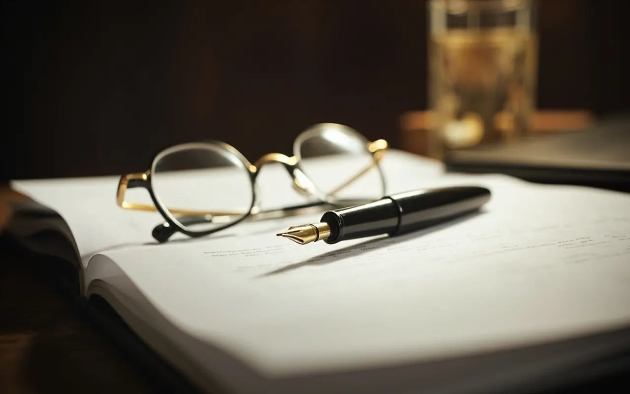 Editorial work — a fountain pen and reading glasses resting on clean white printed pages on a dark wood surface