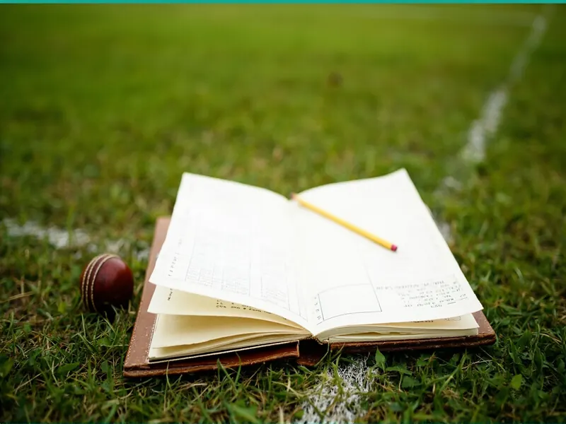 Opened cricket scorebook and a pencil resting beside the crease on a grass pitch