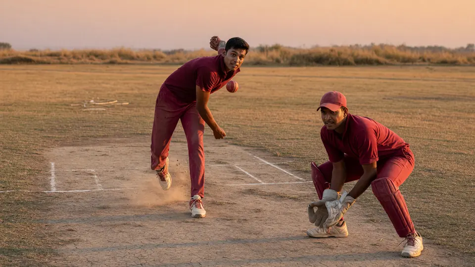 Spinner in a plain maroon kit delivering on a dry pitch with a close fielder crouching and dust near the front foot