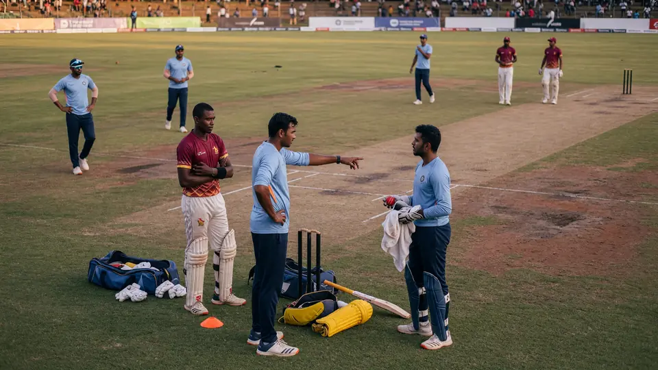 Three players on the outfield beside kit bags and pads as one points across the ground, another holds a ball and gloves, with batters waiting near the pitch behind them