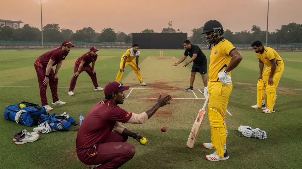 Close fielders in plain kits crouching near the bat on a dry pitch, with the keeper and slips set for a T20 over