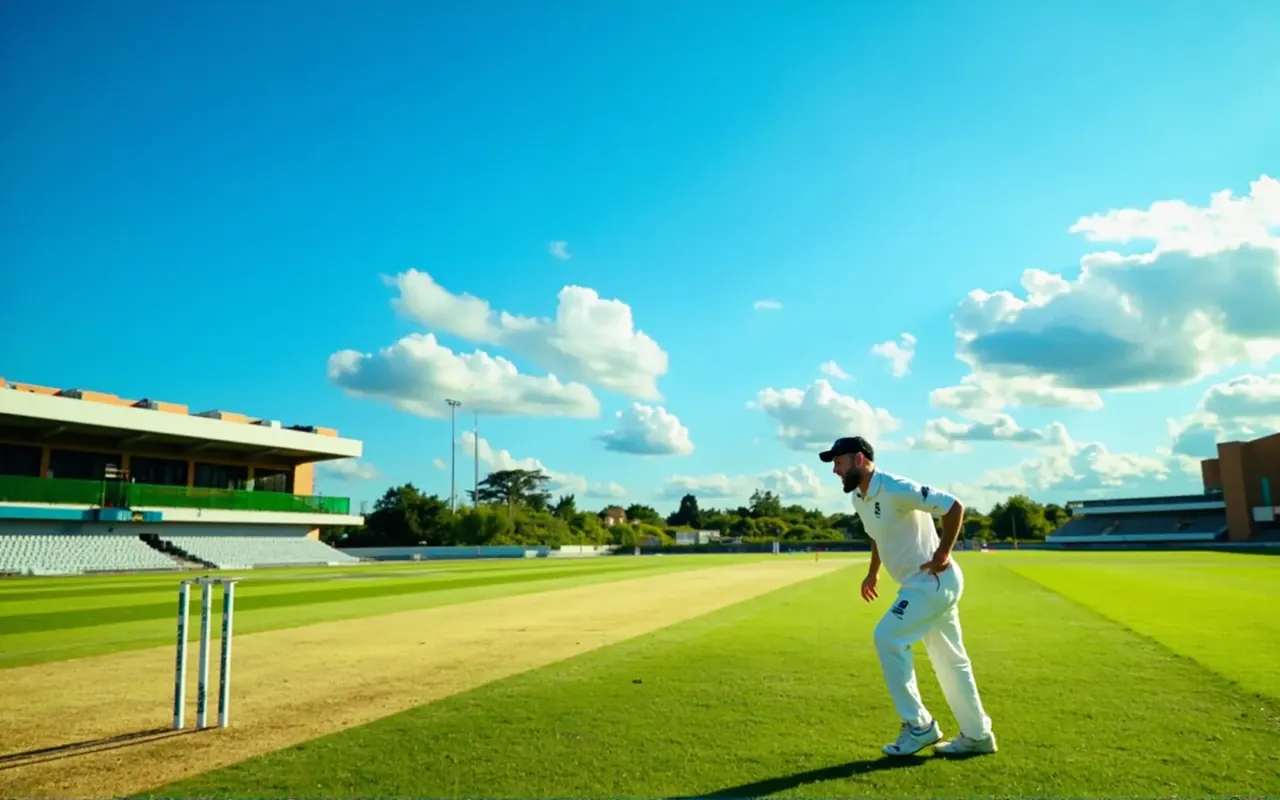 Wide view of an international cricket stadium from the broadcast camera position with players walking to their marks