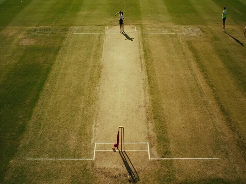 Cricket curator kneeling beside a freshly rolled pitch holding a soil sample