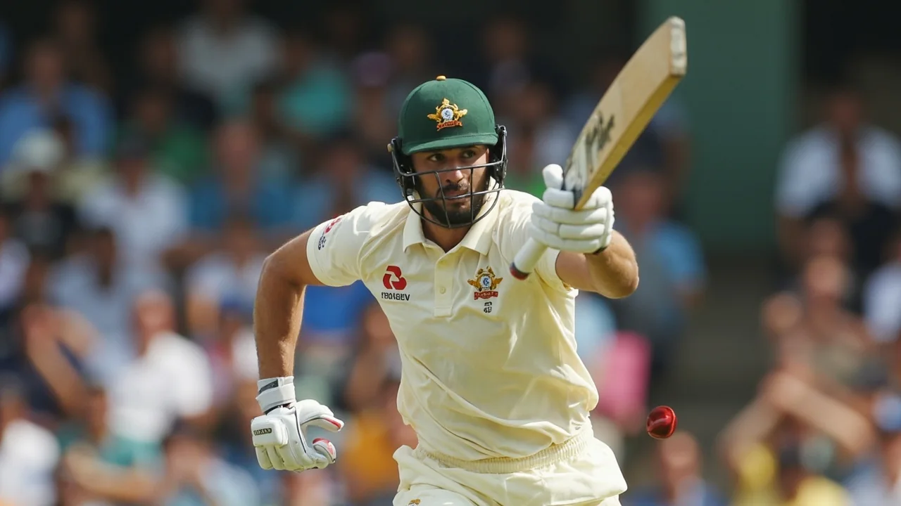 A Test batter in a plain white kit playing a stroke while fielders watch from the outfield