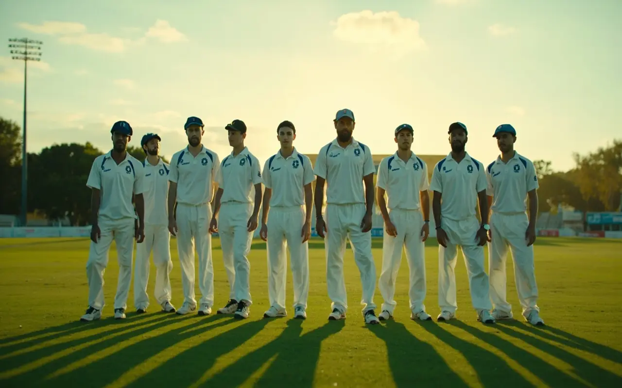 A wide cricket stadium with an oval field, tiered stands and players gathered near the pitch