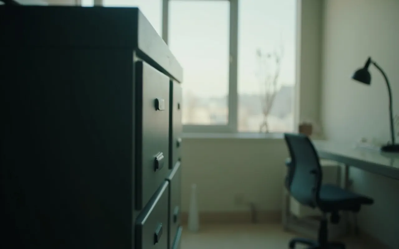 Quiet office scene — a closed metal file cabinet in soft natural light