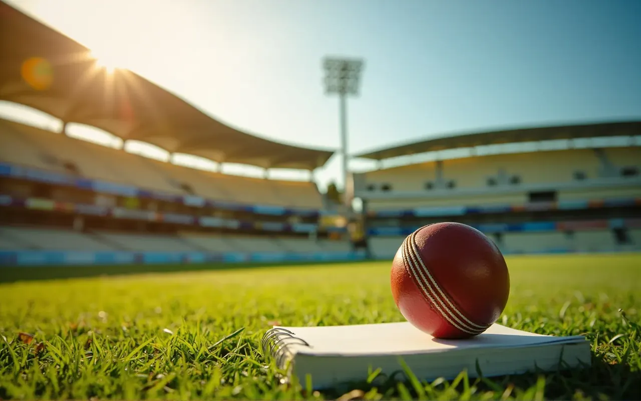 Quiet cricket ground scene with empty seating under evening light